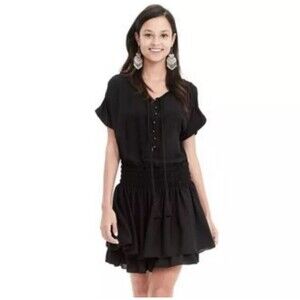 Banana Republic Black Embroidered Tassel Smocked Waist Layered Peasant Dress M